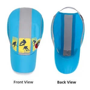 Quick-dry kids sports cap in bright blue featuring reflective strips and breathable mesh