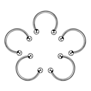 Set of five silver stainless steel horseshoe circular barbells with round beads