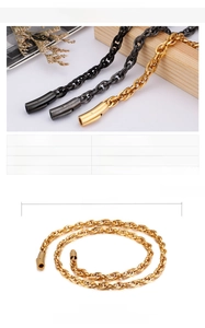Detailed view of 6mm stainless steel woven chain necklaces in gold, black, and gunmetal