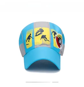 Front view of sky blue quick-dry kids sports cap with yellow skateboard graphics