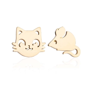 Cute asymmetric cat and mouse stud earrings in polished gold stainless steel finish