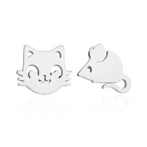 Macro view of silver stainless steel asymmetrical cat and mouse stud earrings
