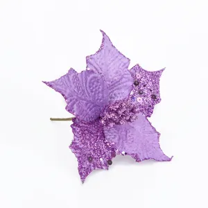 Sparkly purple artificial poinsettia flower with glitter sequins for Christmas tree decor