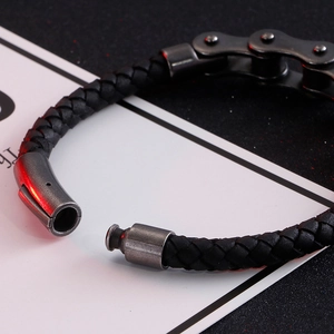 Street style men's black braided leather bracelet with chain and magnetic clasp