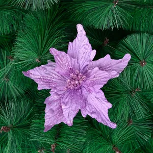 Purple glitter velvet Christmas flower decoration for tree with pine needles backdrop