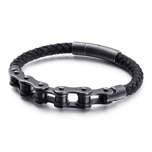 Street style black braided leather bracelet with metal bike chain and magnetic clasp