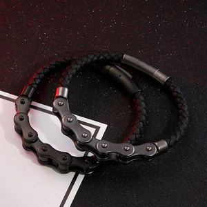 Street style braided leather bracelets with industrial bike chain metal elements