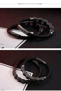 Macro view of woven leather bracelet featuring industrial metal chain detail and magnetic clasp