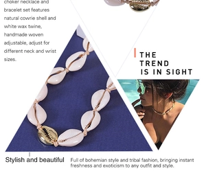 Detail of handmade natural shell necklace and bracelet set with white woven wax cord