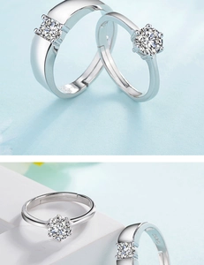 Detail of S925 sterling silver stamp and six-prong setting on couple rings