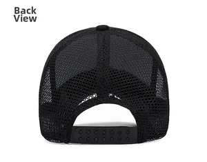Detail of breathable mesh back and adjustable snapback closure on a black trucker cap