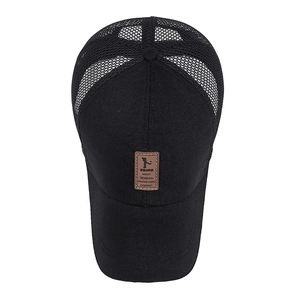 Men's summer breathable black mesh trucker hat with a brown leather logo patch
