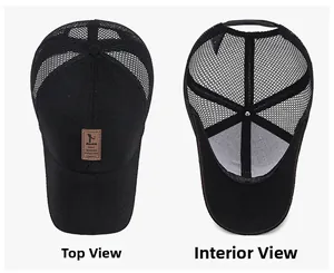 Detail view of breathable black mesh trucker hat with embossed brown leather logo patch