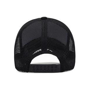 Breathable black mesh trucker hat with adjustable snapback closure for summer sun protection