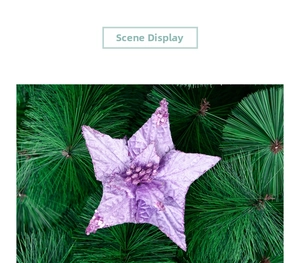 Close-up of a purple glitter Christmas flower on green pine branches for holiday decoration