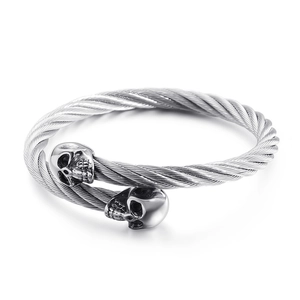 Men's silver stainless steel skull cable wire open cuff bracelet in punk style
