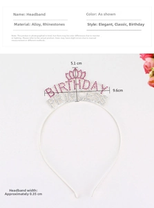 Vue détaillée du diadème d'anniversaire en alliage argenté avec strass roses et mesures