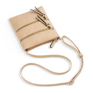 Detail view of beige crossbody bag showing three front zippers and grained texture