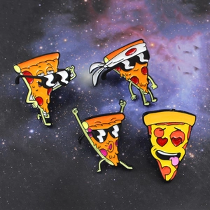Detail of four creative cartoon pizza brooches with unique expressions on starry background