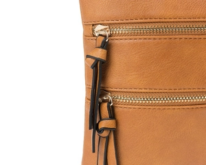 Macro detail of brown leather bag showing twin gold zippers and pebbled texture