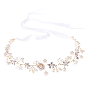 Handmade bridal headband with white flowers, gold wire, pearls, and crystals
