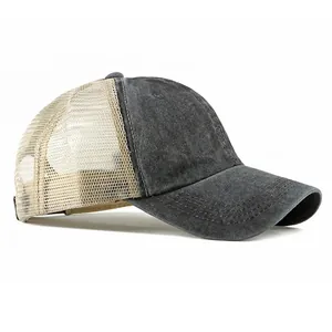 Vintage dark grey washed cotton baseball cap with beige breathable mesh back panels