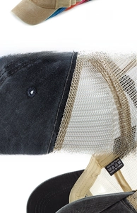 Detail showing breathable mesh panels and 100% cotton stitching on washed baseball cap