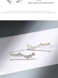 Detail view of silver star earrings with pavé zircons in a long curved design