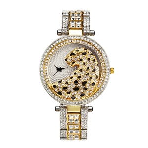 Luxurious leopard head watch featuring iced-out crystal pavé and two-tone steel band
