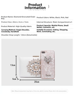 Size guide for white rhinestone evening clutch bag with 20x13x5cm dimensions and chain