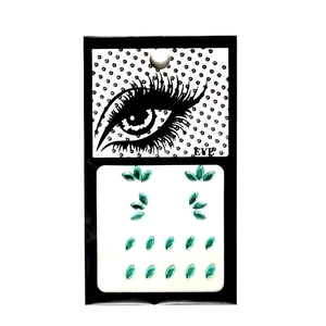 Detail of 20 marquise-cut dark green acrylic face gems on black eye makeup card