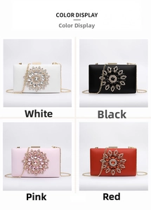 Detail display of rhinestone evening clutch bags in white, black, pink, and red colors