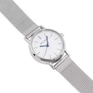 Minimalist silver mesh strap quartz watch with white dial and blue hands for women