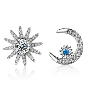 Asymmetric Sun Moon Stud Earrings Copper Platinum Plated With Rhinestones Celestial Korean Style Dainty Jewelry For Women