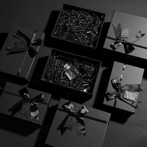 Luxury black matte gift box with silk ribbon and textured tag for jewelry packaging