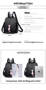 Detail of black oxford backpack with heart cat charm and 29x30x15cm dimensions