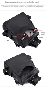 Detail view of black nylon backpack interior showing storage for phone and long wallet