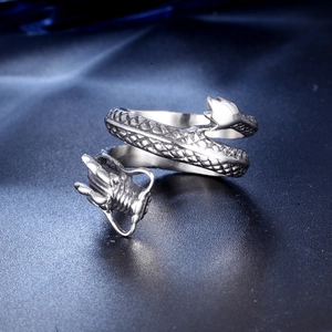Macro detail of silver dragon ring showing intricate dragon scale textures and carving