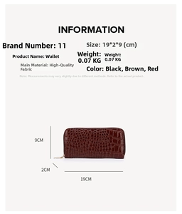 Brown crocodile texture wallet specifications showing 19x2x9cm size and weight details