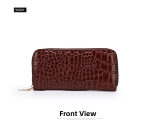 Front view of a dark brown long zipper wallet with a glossy crocodile texture