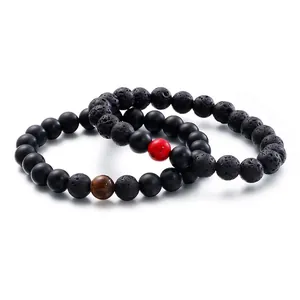 Beaded Bracelet Natural Lava Stone Matte Black Agate Tiger Eye Red Turquoise Elastic Retro Fashion For Men Women