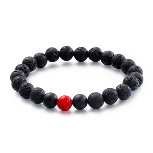 Retro 8mm black lava stone beaded bracelet with red marble accent for men and women