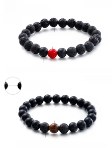 Detailed view of 8mm matte agate, lava stone, and tiger eye beaded stretch bracelets