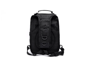 Tactical backpack back detail with breathable mesh padding and durable D-ring hooks