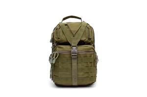 Detailed view of olive tactical shoulder bag featuring MOLLE webbing and Y-straps