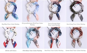 Detailed grid showing silk satin square scarves with paisley and bee patterns