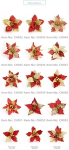 Macro view of fifteen artificial poinsettia styles with red and gold glitter finish