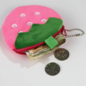 Pink plush strawberry coin purse with zipper and metal keychain for children and girls