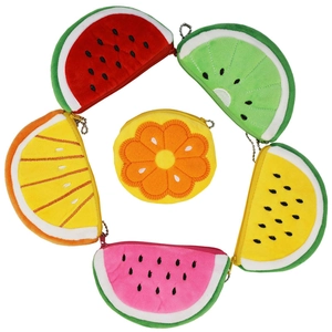 Set of six plush fruit-shaped coin purses including watermelon and citrus with keychains