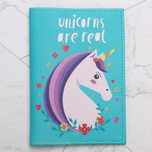 Unicorn PU leather passport holder in turquoise with unicorns are real text and floral design